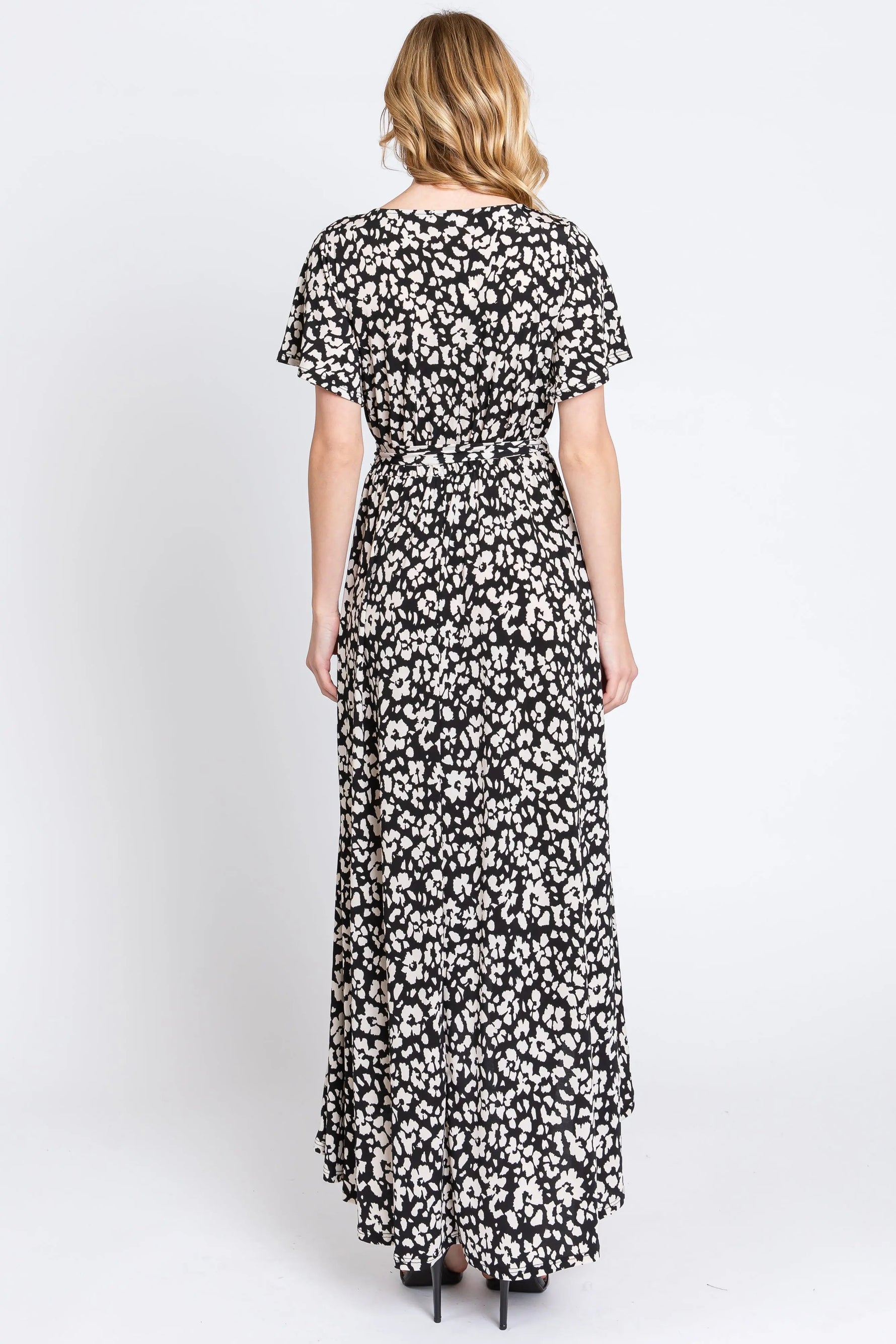 PinkBlush Black Animal Print Wrap Front V - Neck Hi - Low Midi Dress - 
