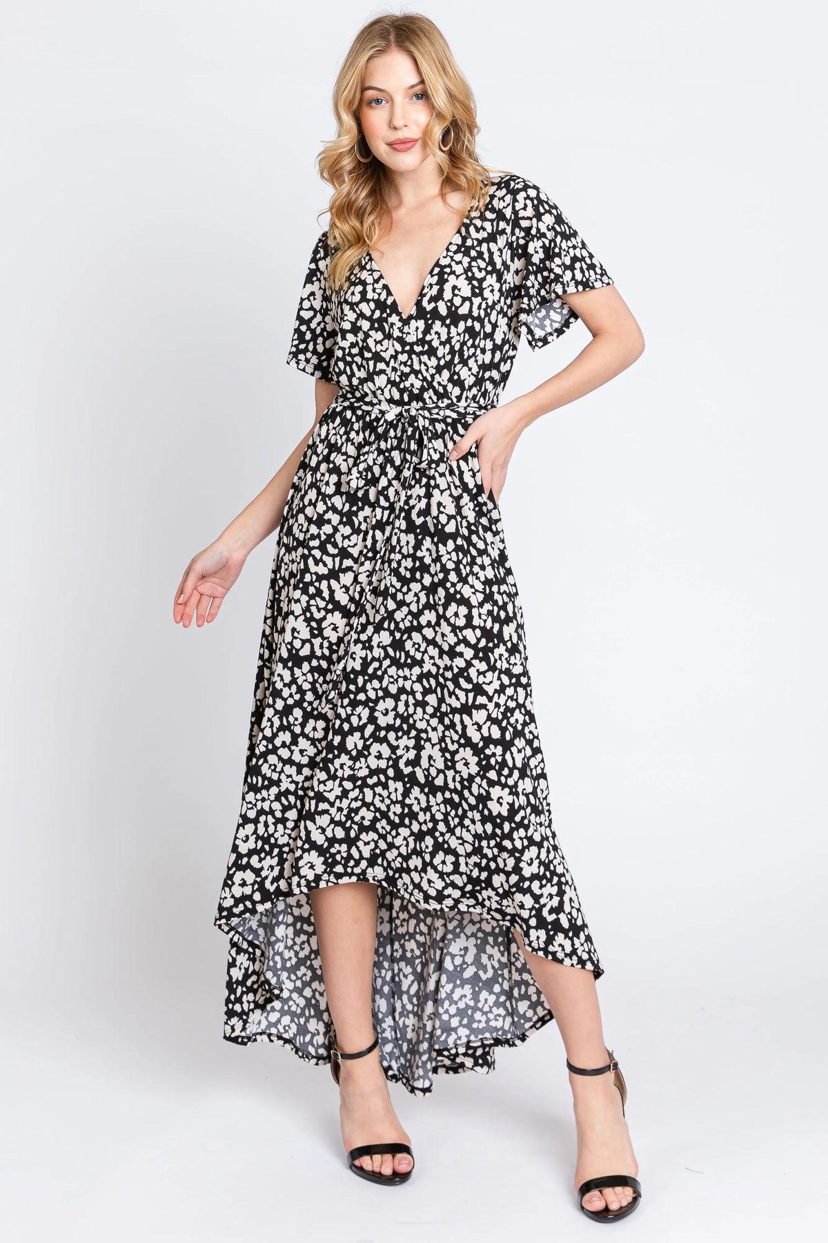 PinkBlush Black Animal Print Wrap Front V - Neck Hi - Low Midi Dress - 