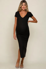 PinkBlush Black Basic Ribbed Side Slit Maternity Midi Dress - 