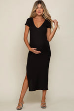 PinkBlush Black Basic Ribbed Side Slit Maternity Midi Dress - 