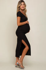 PinkBlush Black Basic Ribbed Side Slit Maternity Midi Dress - 