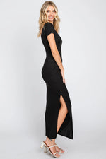 PinkBlush Black Basic Ribbed Side Slit Midi Dress - 