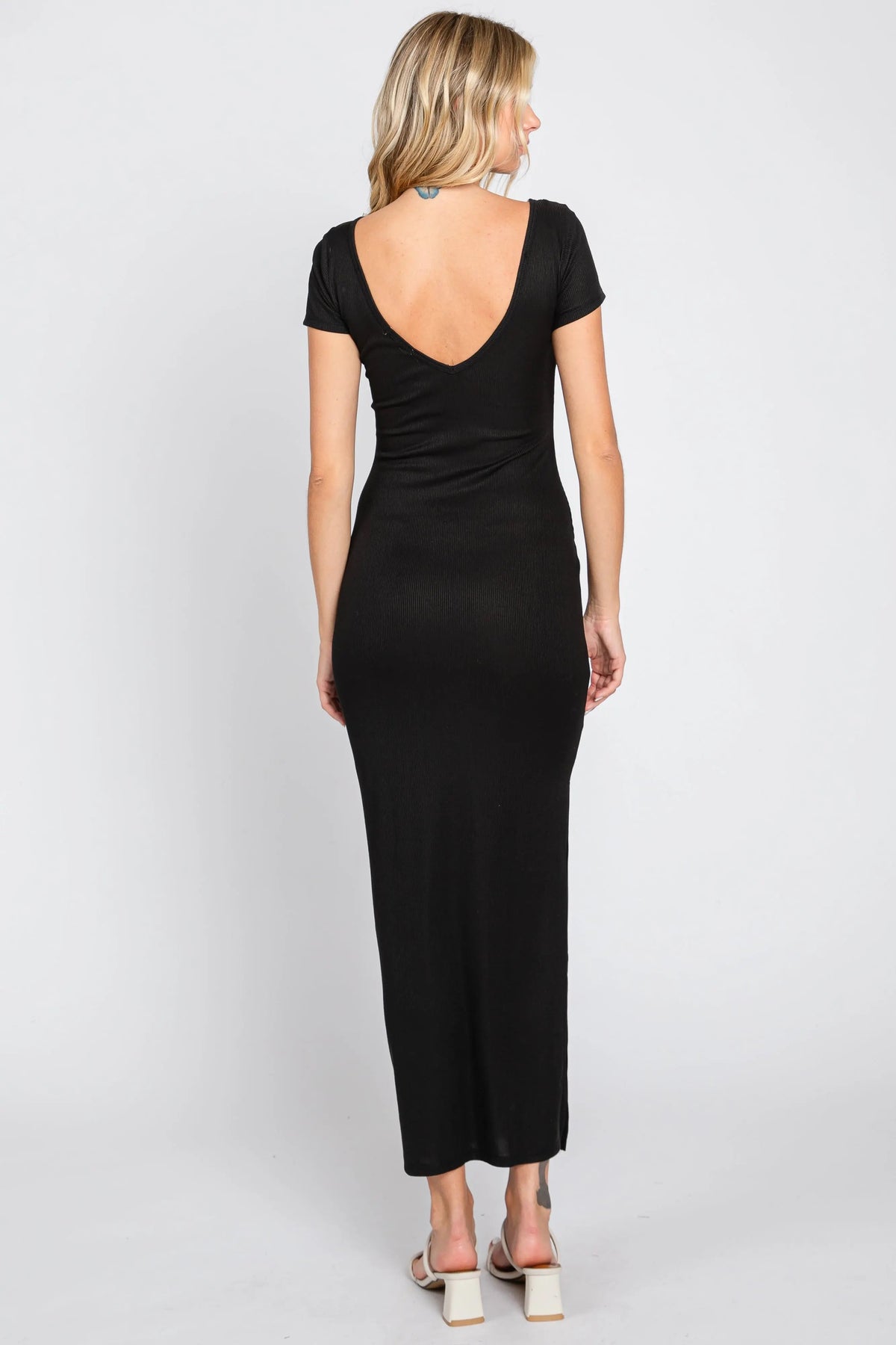 PinkBlush Black Basic Ribbed Side Slit Midi Dress - 