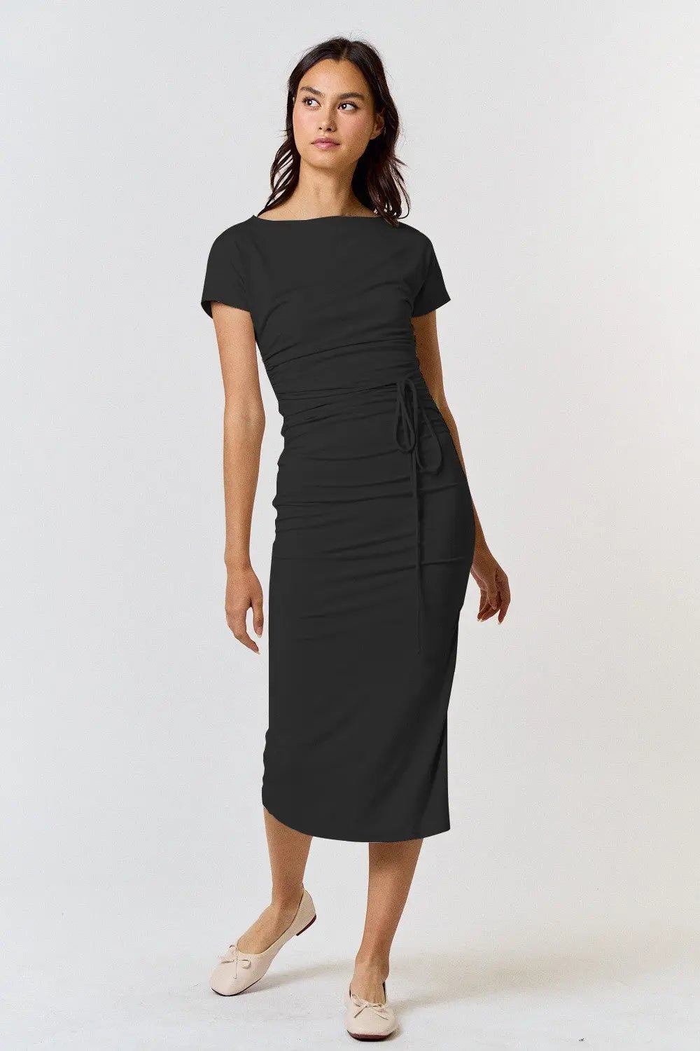 PinkBlush Black Boat Neck Side Ruched Waist Tie Maternity Midi Dress - 