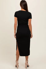 PinkBlush Black Boat Neck Side Ruched Waist Tie Maternity Midi Dress - 