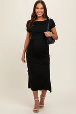 PinkBlush Black Boat Neck Side Ruched Waist Tie Maternity Midi Dress - 
