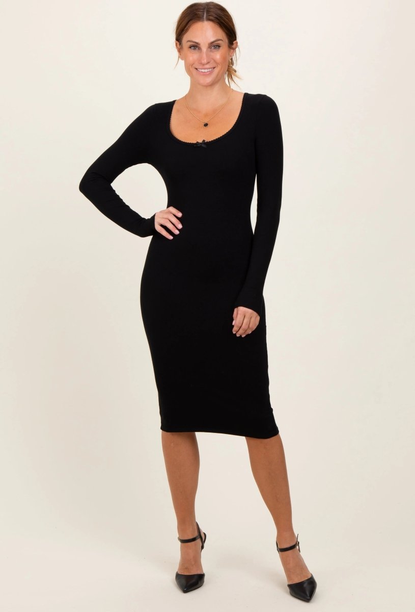 PinkBlush Black Bow Trim Neckline - PinkBlush Maternity Midi Dress with Bow - 