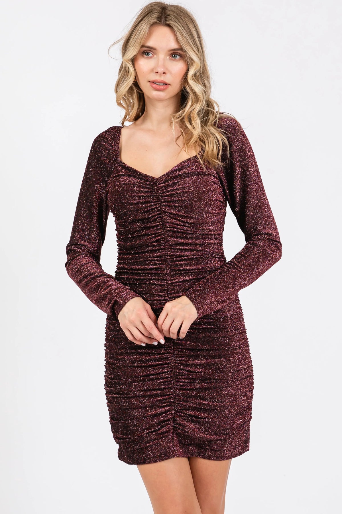 PinkBlush Black Burgundy Glitter Ruched Fitted Dress - 