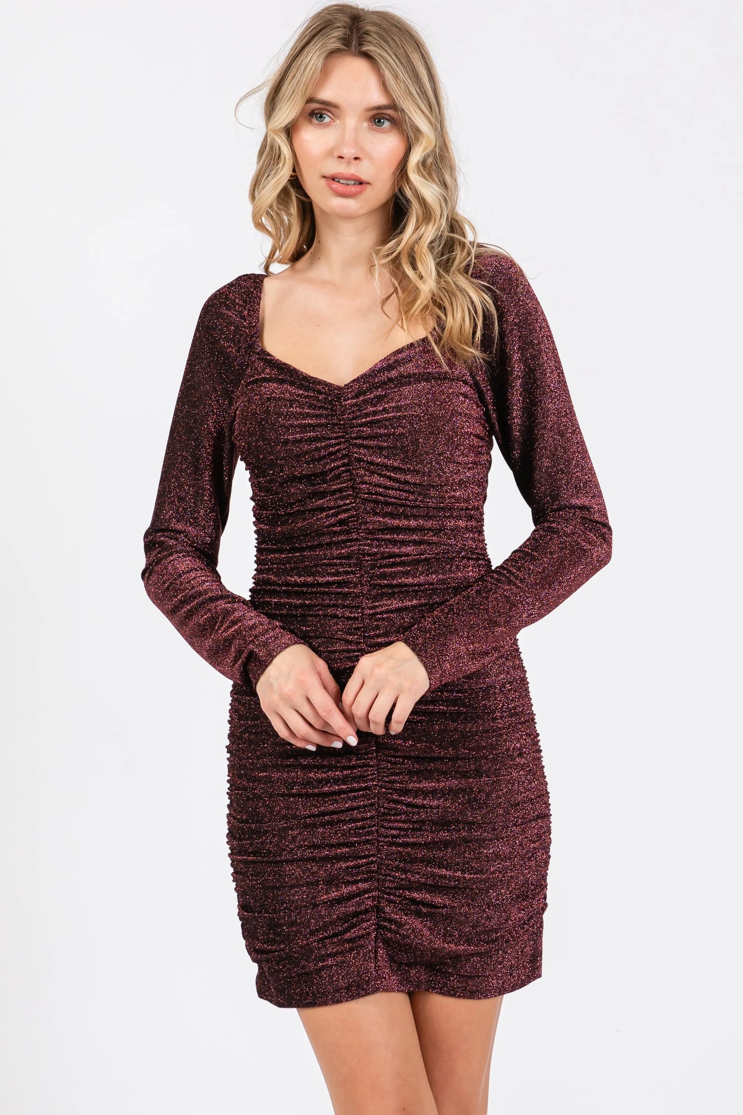 PinkBlush Black Burgundy Glitter Ruched Fitted Dress - 
