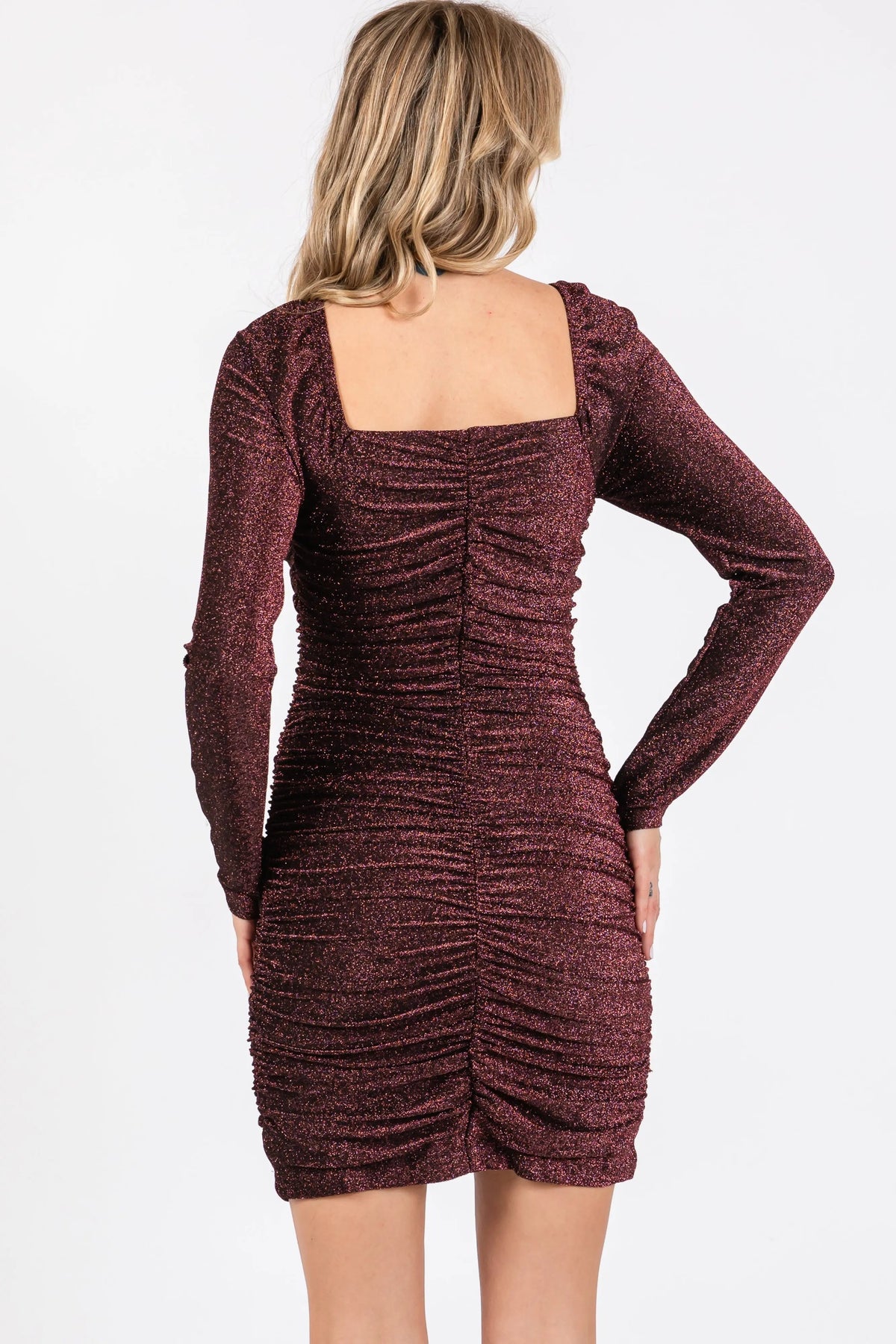 PinkBlush Black Burgundy Glitter Ruched Fitted Dress - 