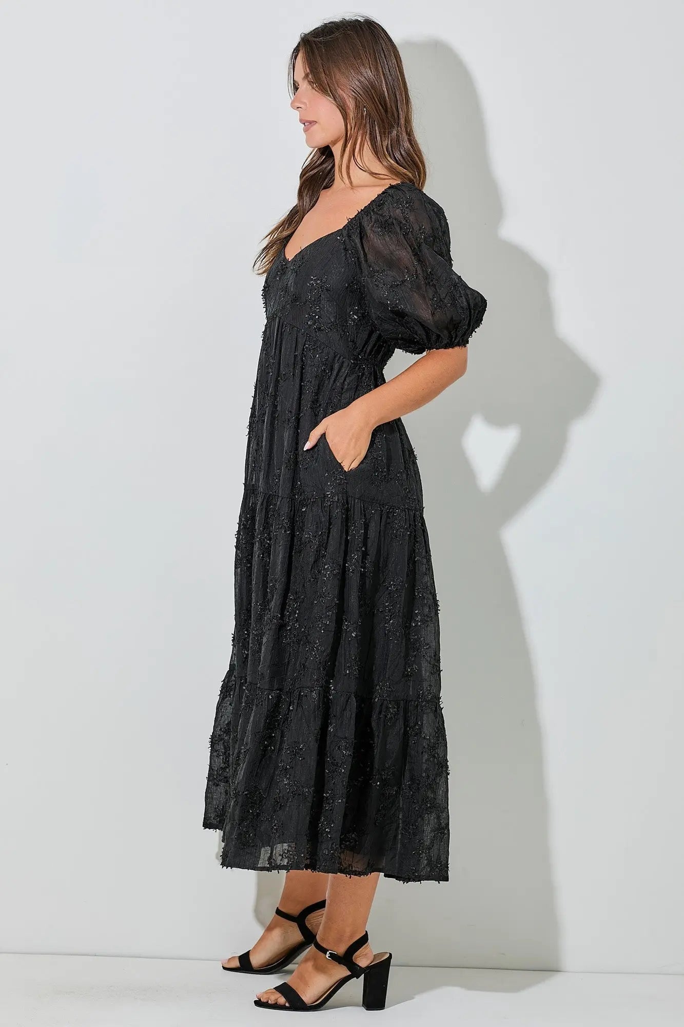 PinkBlush Black Embroidered Floral Overlay Midi Dress - 
