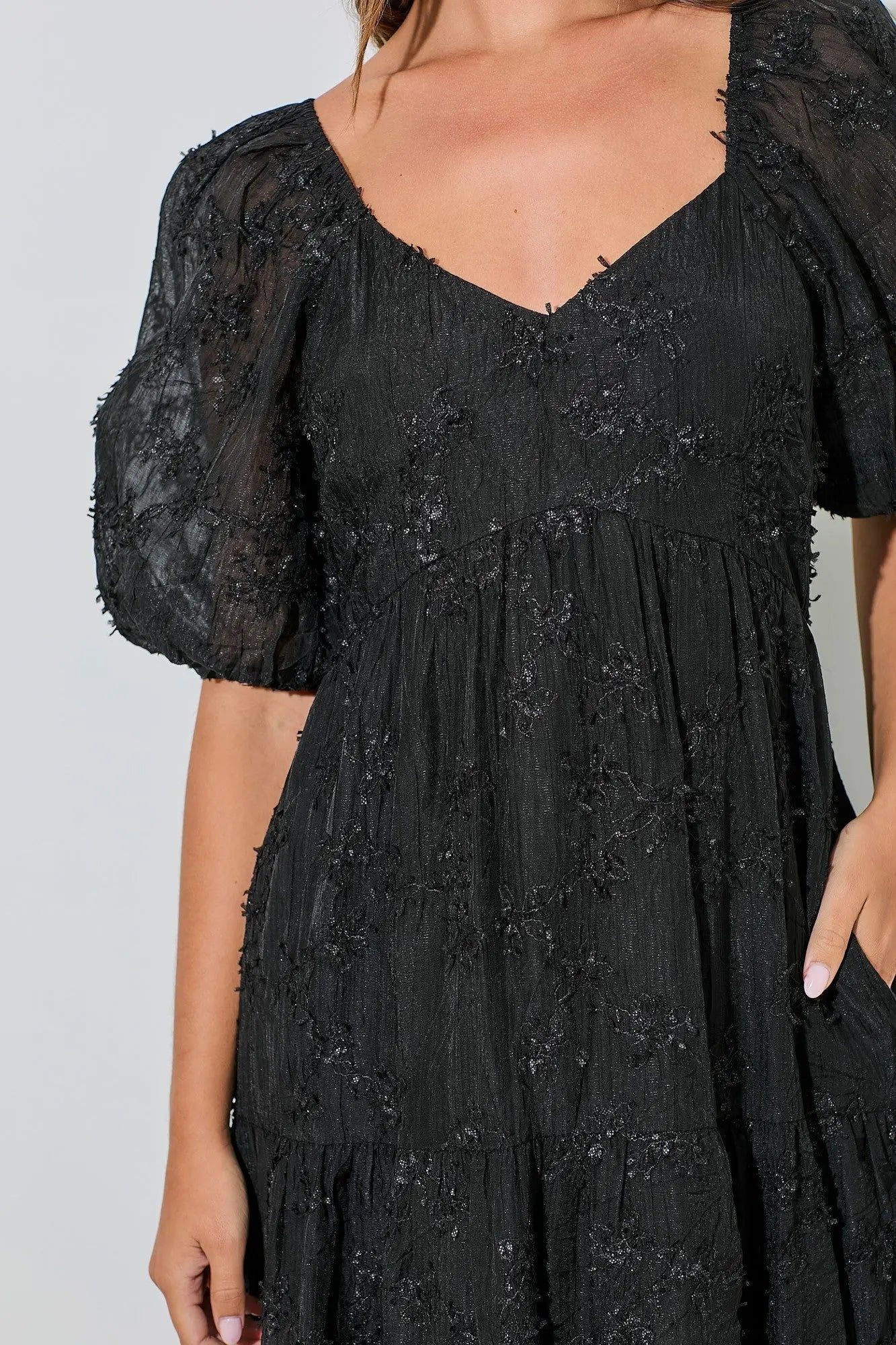 PinkBlush Black Embroidered Floral Overlay Midi Dress - 