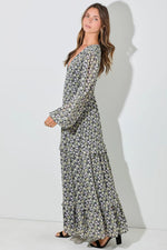 PinkBlush Black Floral Chiffon V - Neck Ruffle Tiered Maxi Dress - 