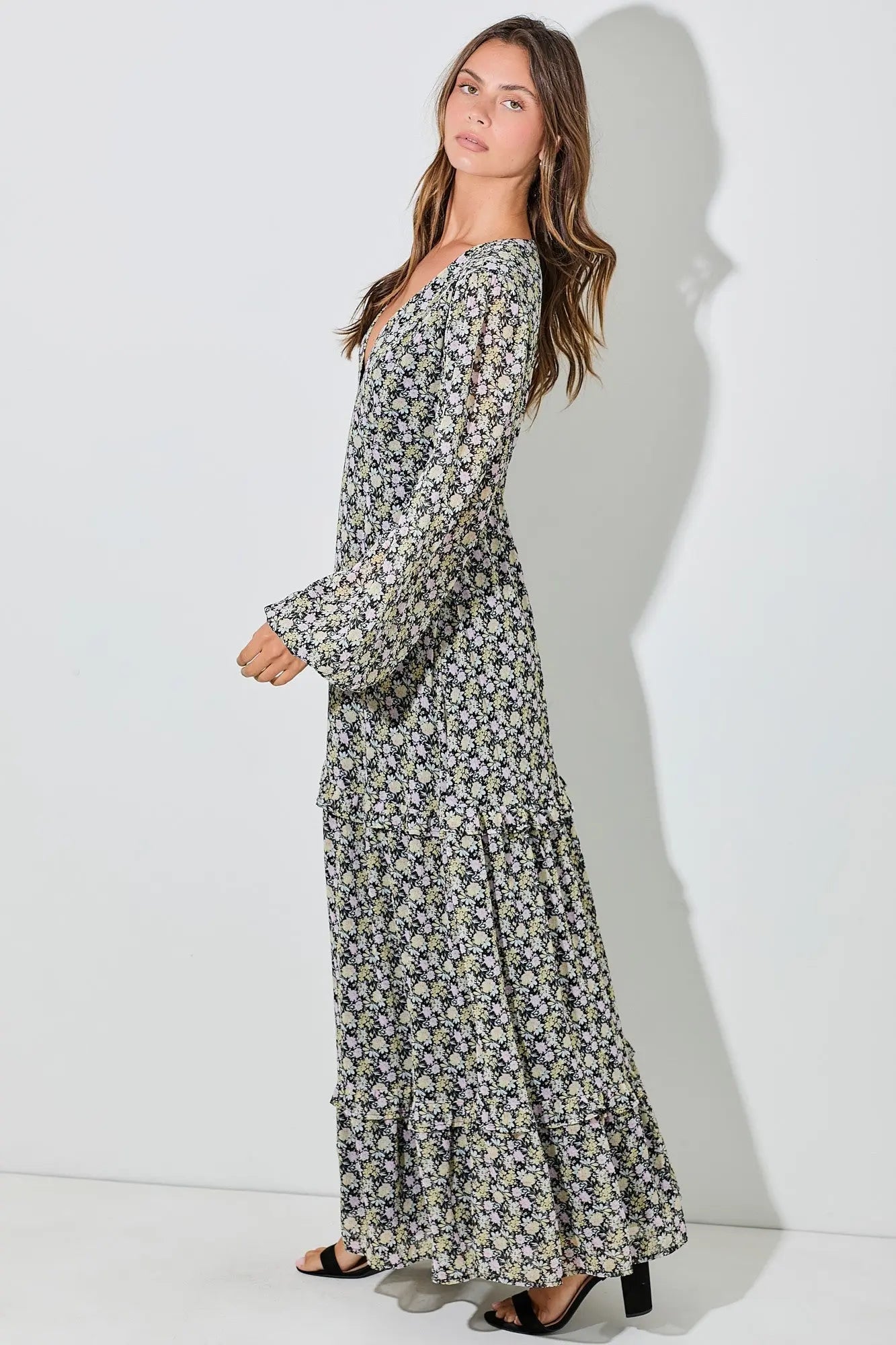PinkBlush Black Floral Chiffon V - Neck Ruffle Tiered Maxi Dress - 