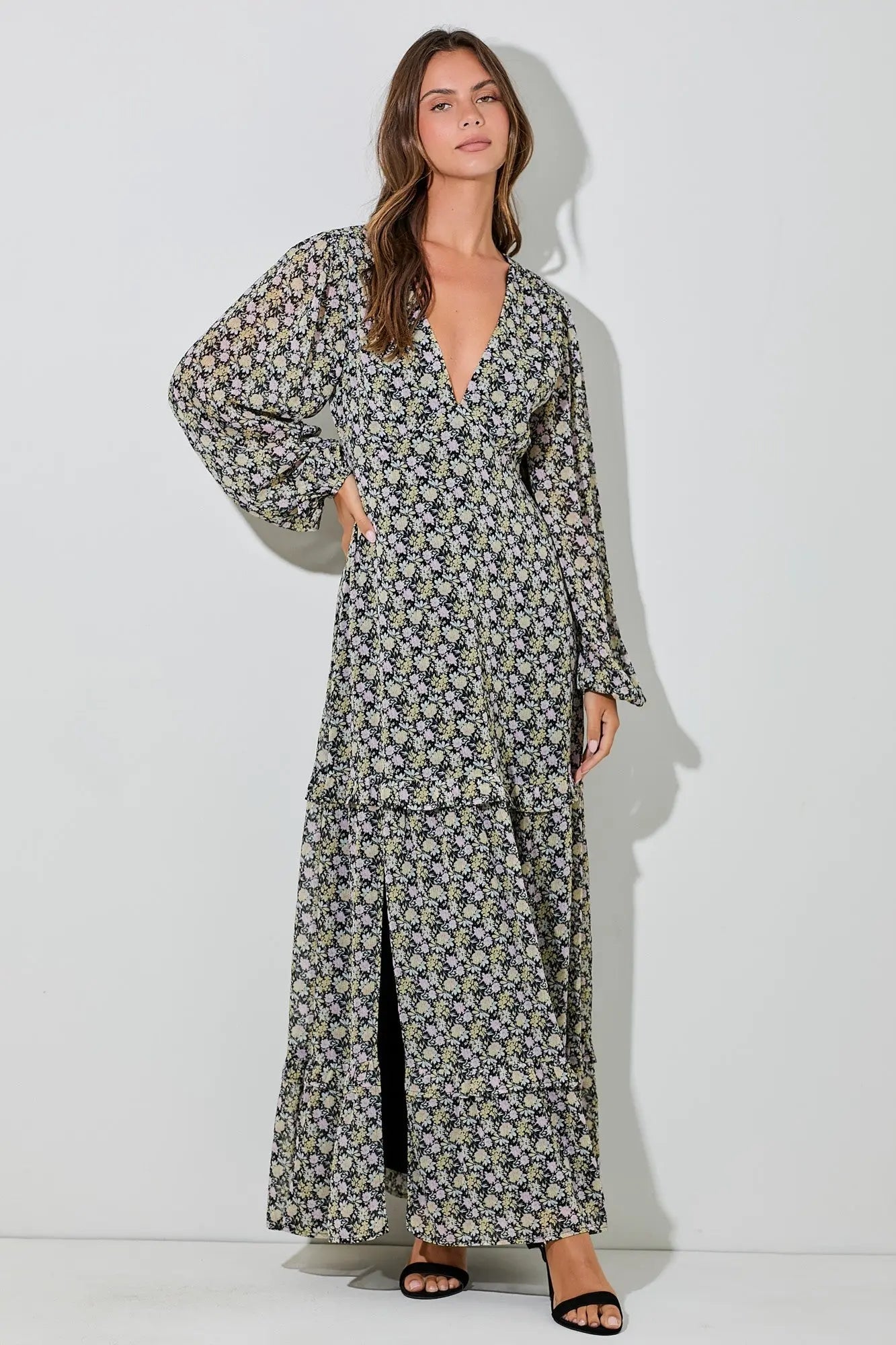 PinkBlush Black Floral Chiffon V - Neck Ruffle Tiered Maxi Dress - 