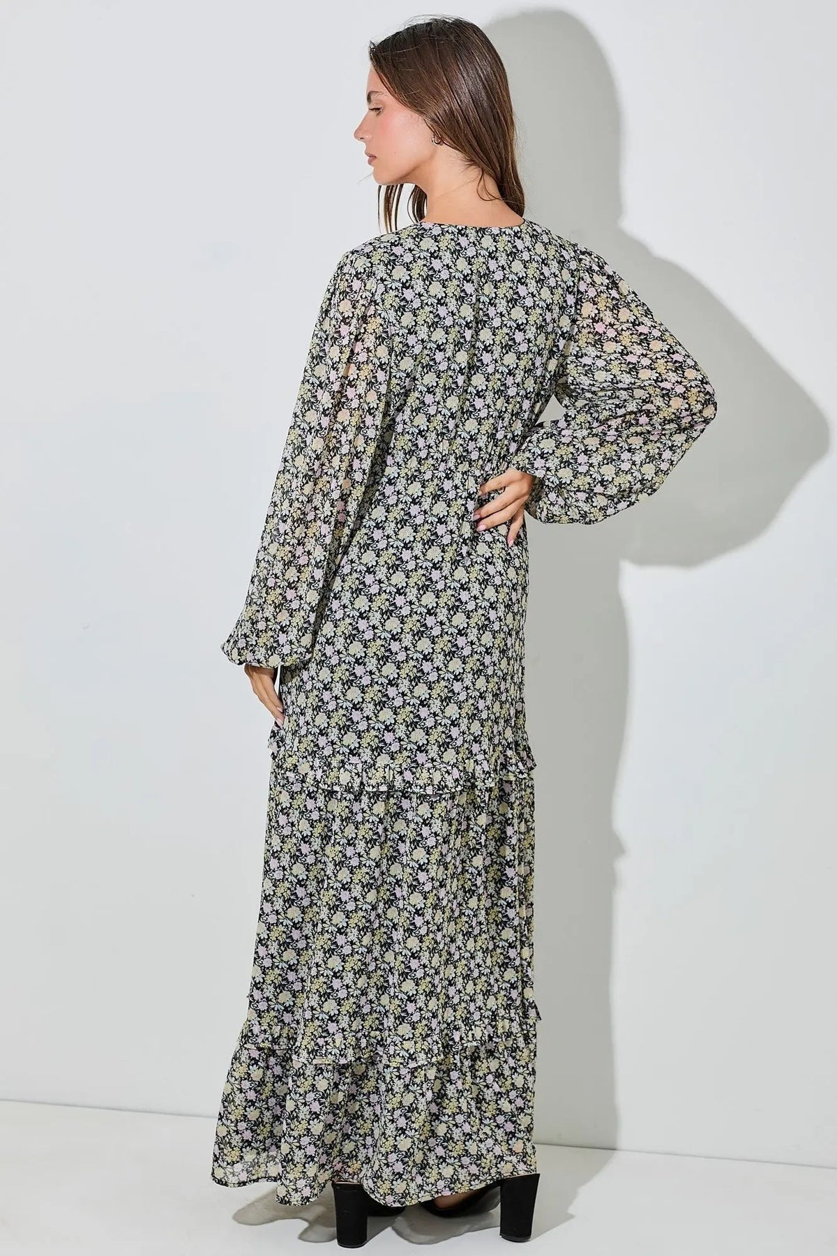 PinkBlush Black Floral Chiffon V - Neck Ruffle Tiered Maxi Dress - 