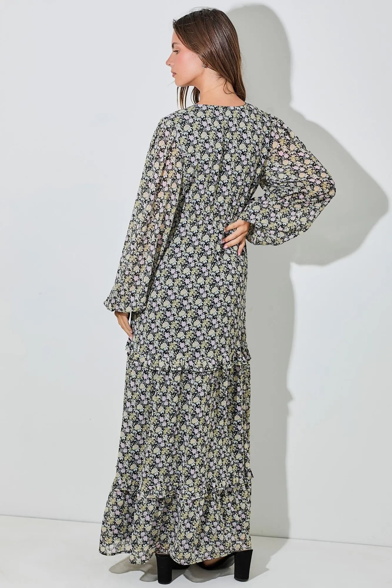 PinkBlush Black Floral Chiffon V - Neck Ruffle Tiered Maxi Dress - 