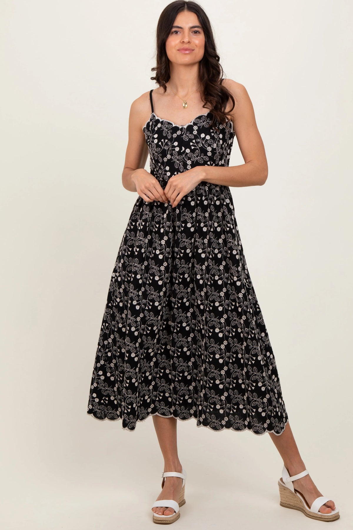 PinkBlush Black Floral Embroidered Scallop Detail Midi Dress - 