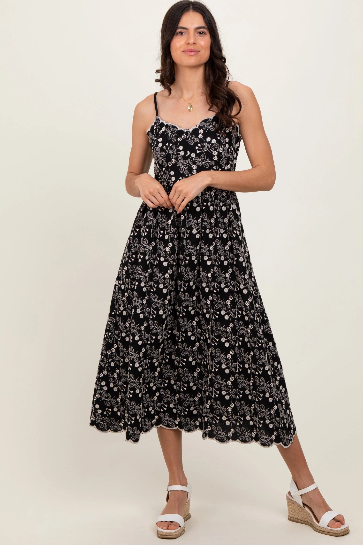 PinkBlush Black Floral Embroidered Scallop Detail Midi Dress - 