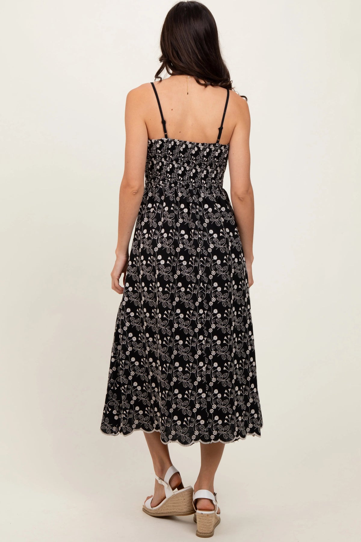 PinkBlush Black Floral Embroidered Scallop Detail Midi Dress - 