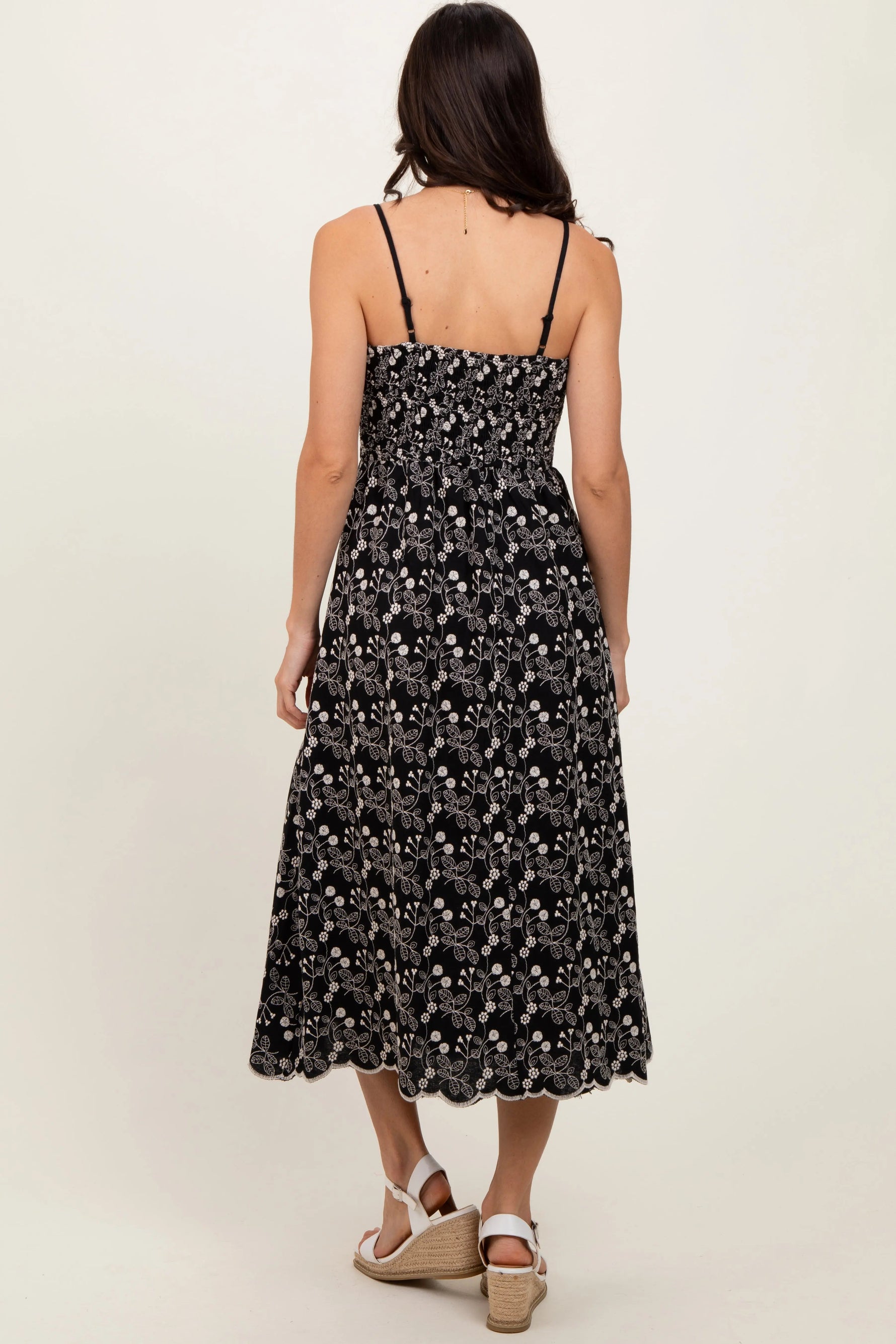 PinkBlush Black Floral Embroidered Scallop Detail Midi Dress - 
