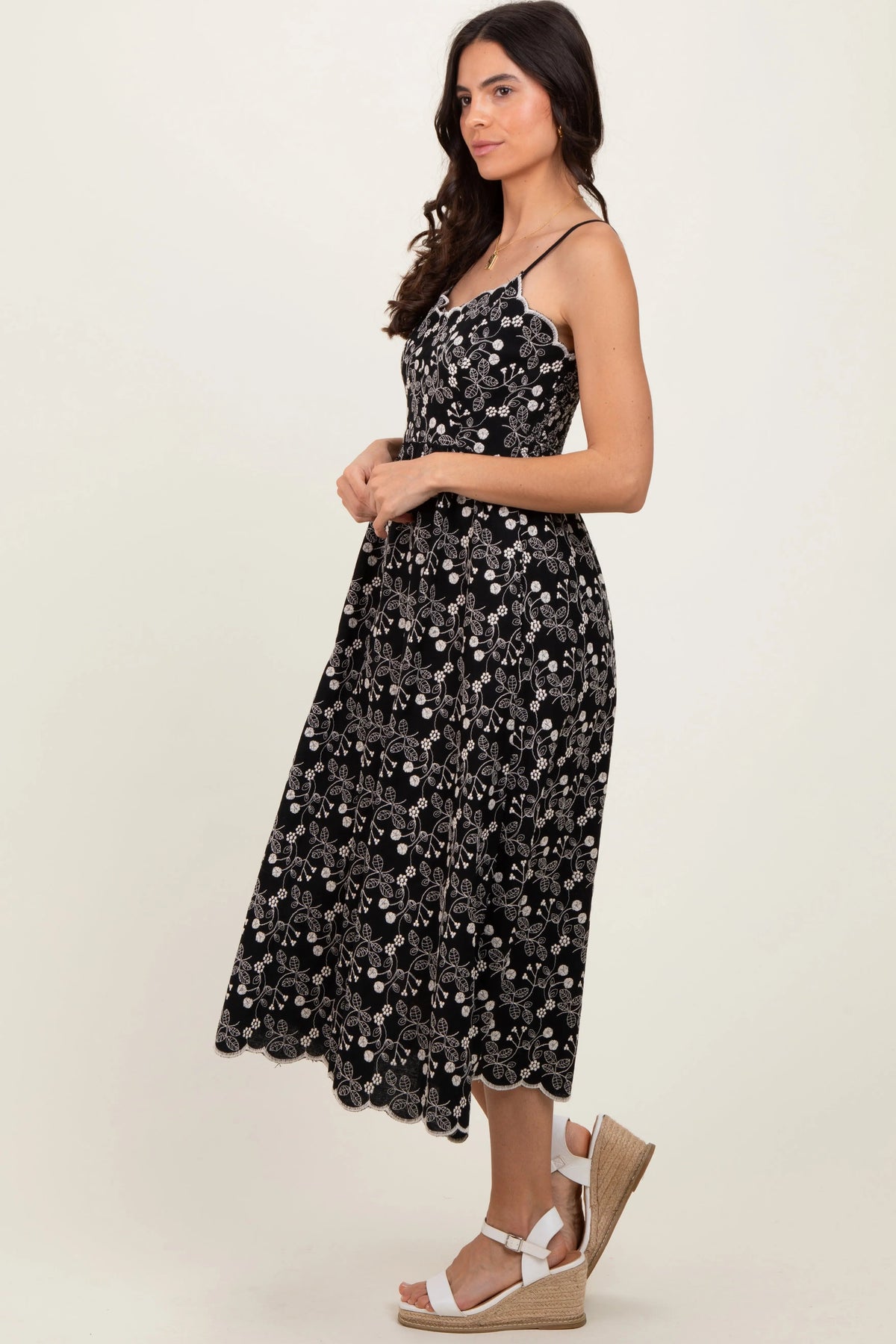 PinkBlush Black Floral Embroidered Scallop Detail Midi Dress - 