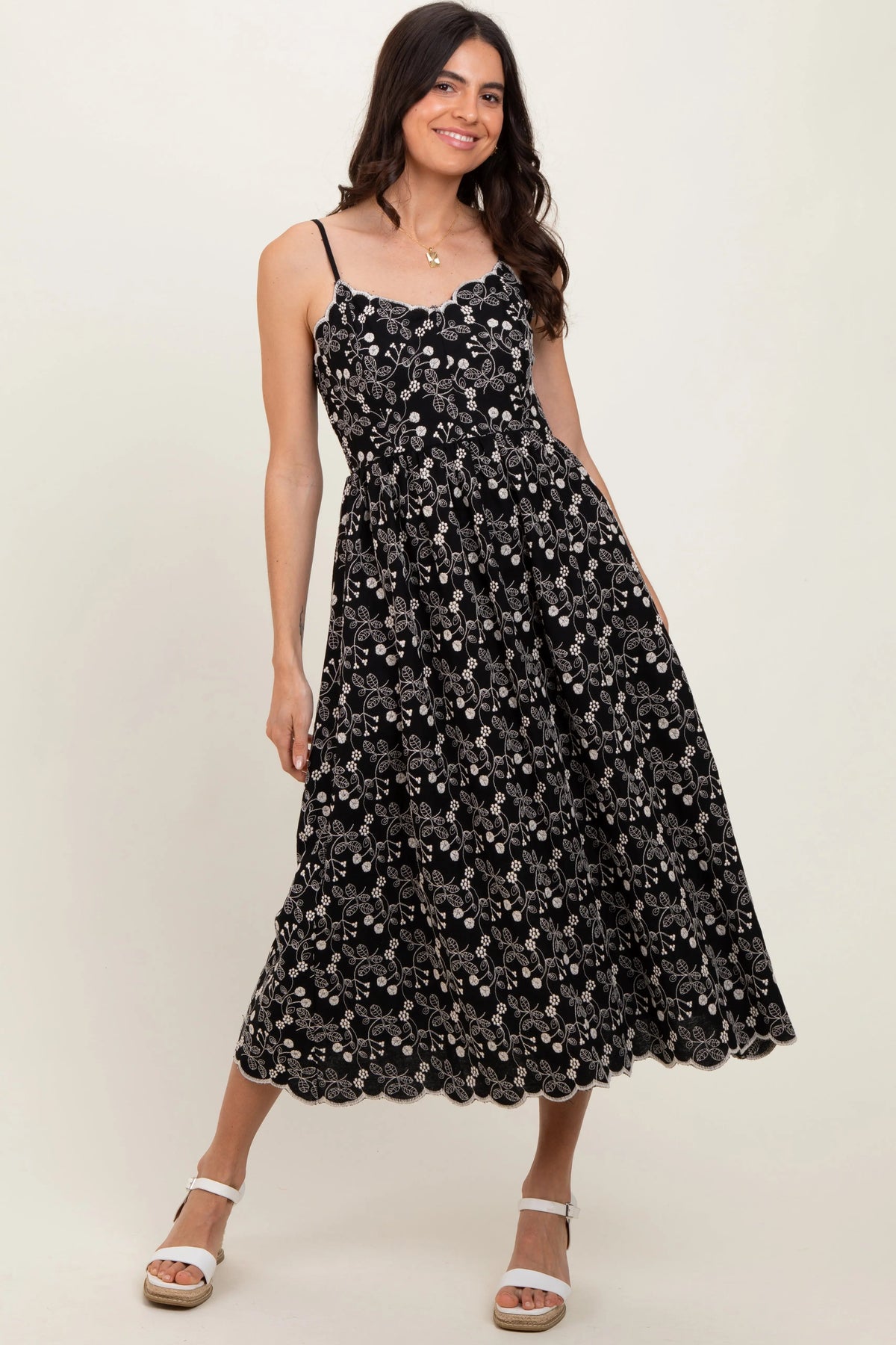 PinkBlush Black Floral Embroidered Scallop Detail Midi Dress - 