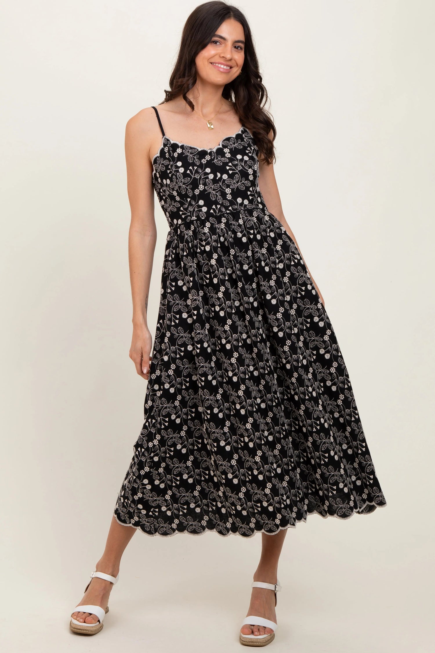 PinkBlush Black Floral Embroidered Scallop Detail Midi Dress - 