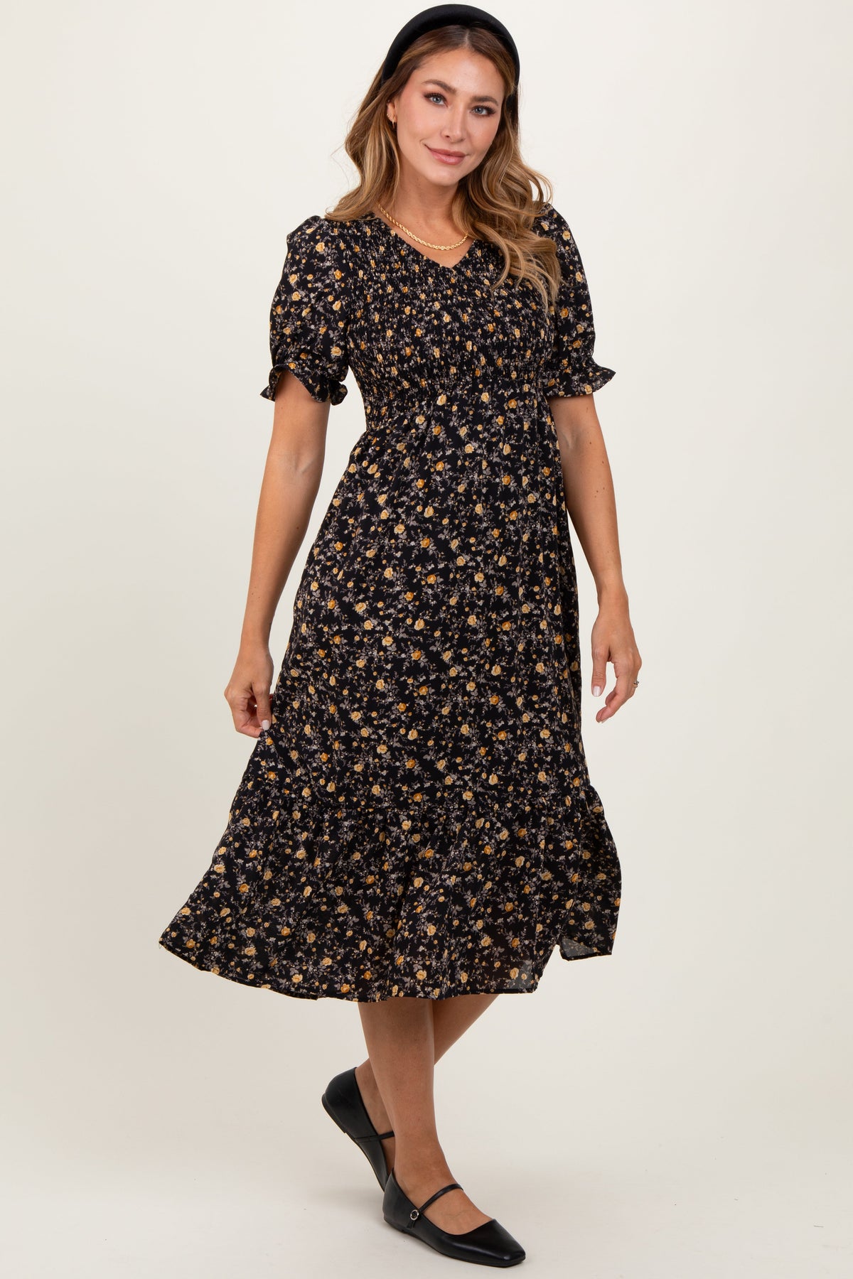 PinkBlush Black Floral Print Smocked Ruffle Hem Maternity Midi DressEveretts Place