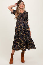 PinkBlush Black Floral Print Smocked Ruffle Hem Maternity Midi DressEveretts Place