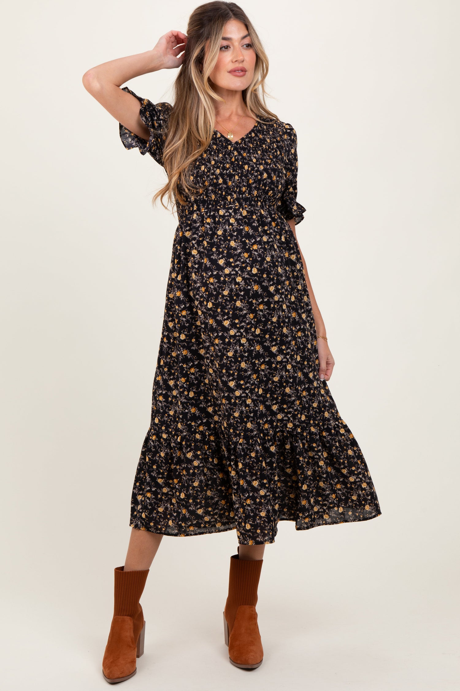 PinkBlush Black Floral Print Smocked Ruffle Hem Maternity Midi DressEveretts Place