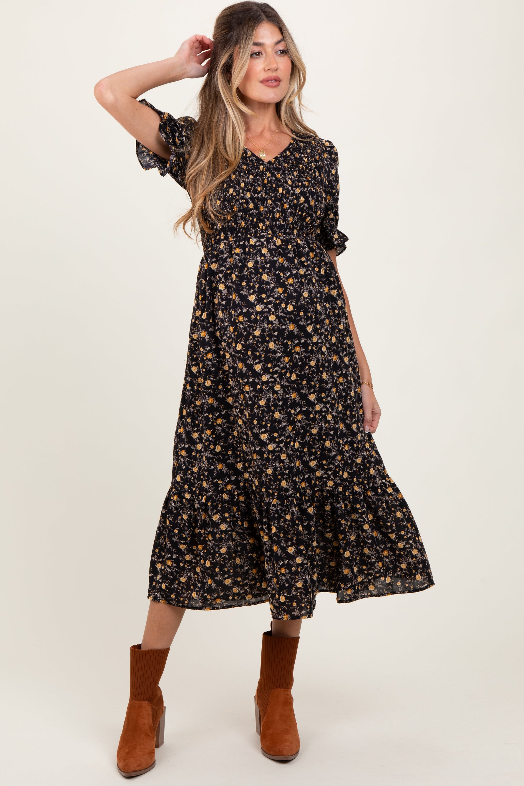 PinkBlush Black Floral Print Smocked Ruffle Hem Maternity Midi DressEveretts Place