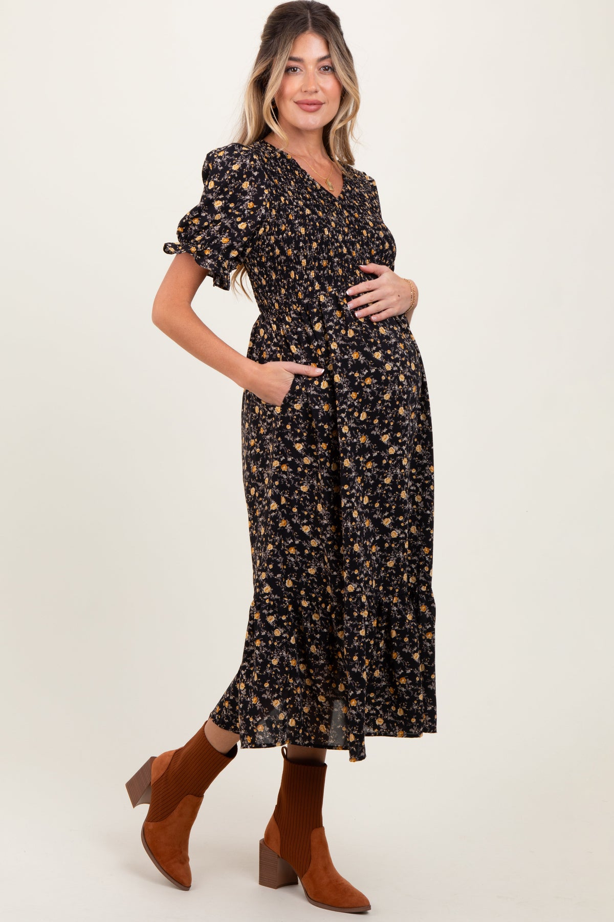 PinkBlush Black Floral Print Smocked Ruffle Hem Maternity Midi DressEveretts Place