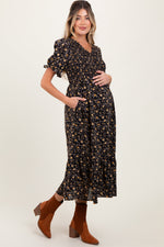 PinkBlush Black Floral Print Smocked Ruffle Hem Maternity Midi DressEveretts Place