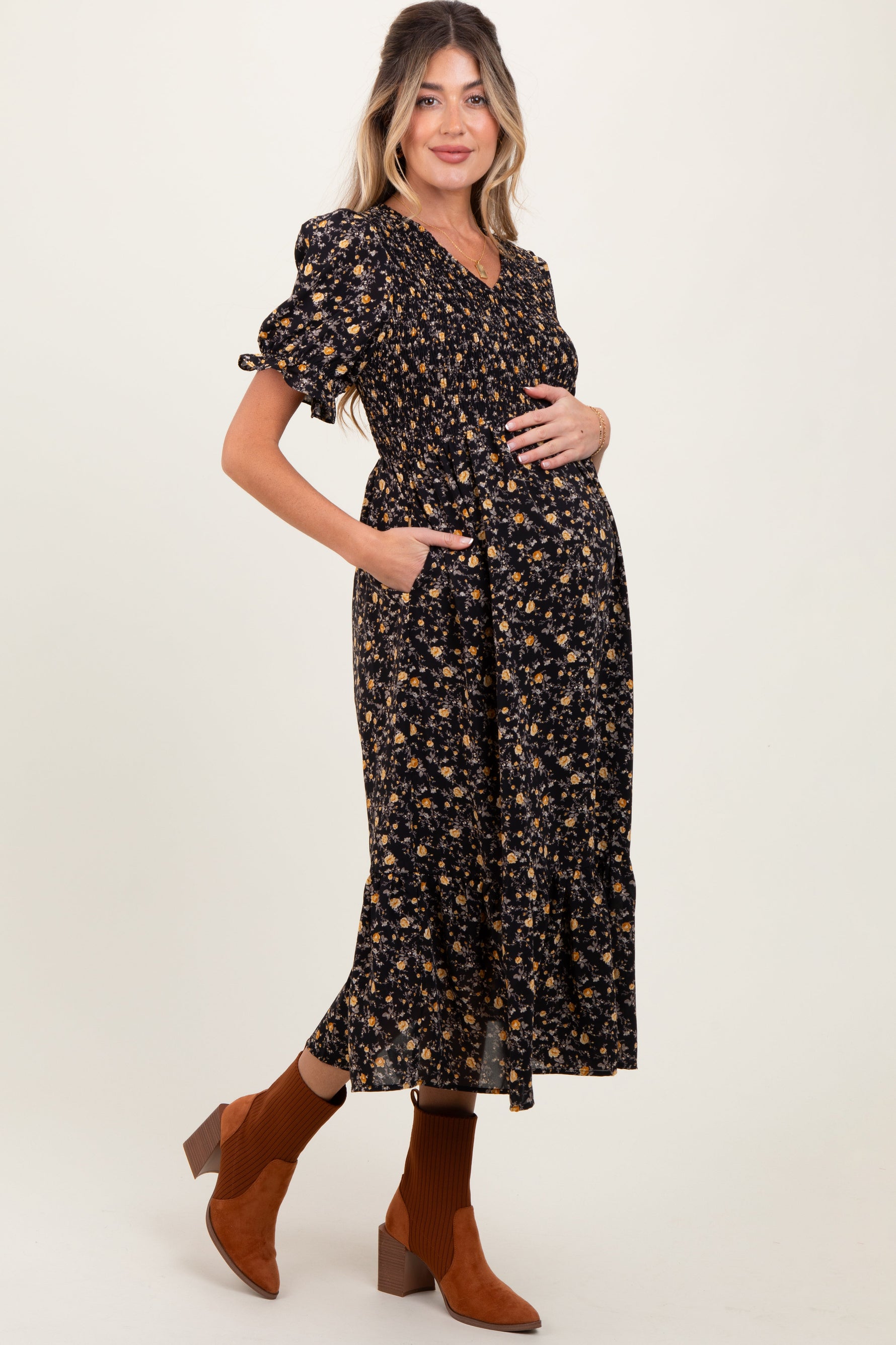 PinkBlush Black Floral Print Smocked Ruffle Hem Maternity Midi DressEveretts Place