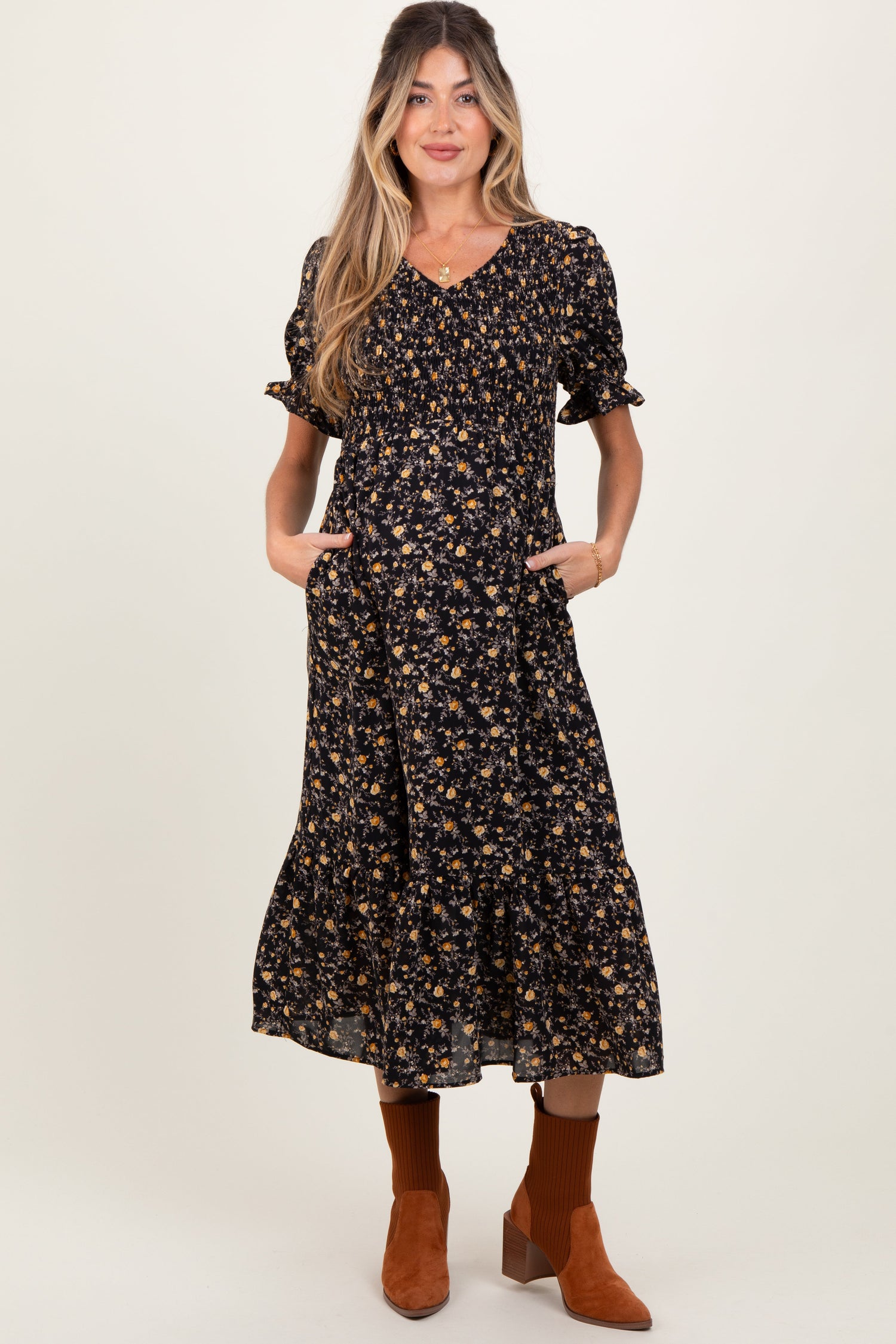 PinkBlush Black Floral Print Smocked Ruffle Hem Maternity Midi DressEveretts Place