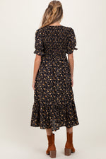 PinkBlush Black Floral Print Smocked Ruffle Hem Maternity Midi DressEveretts Place