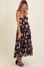 PinkBlush Black Floral Print Tie Strap Maternity Midi Dress - 