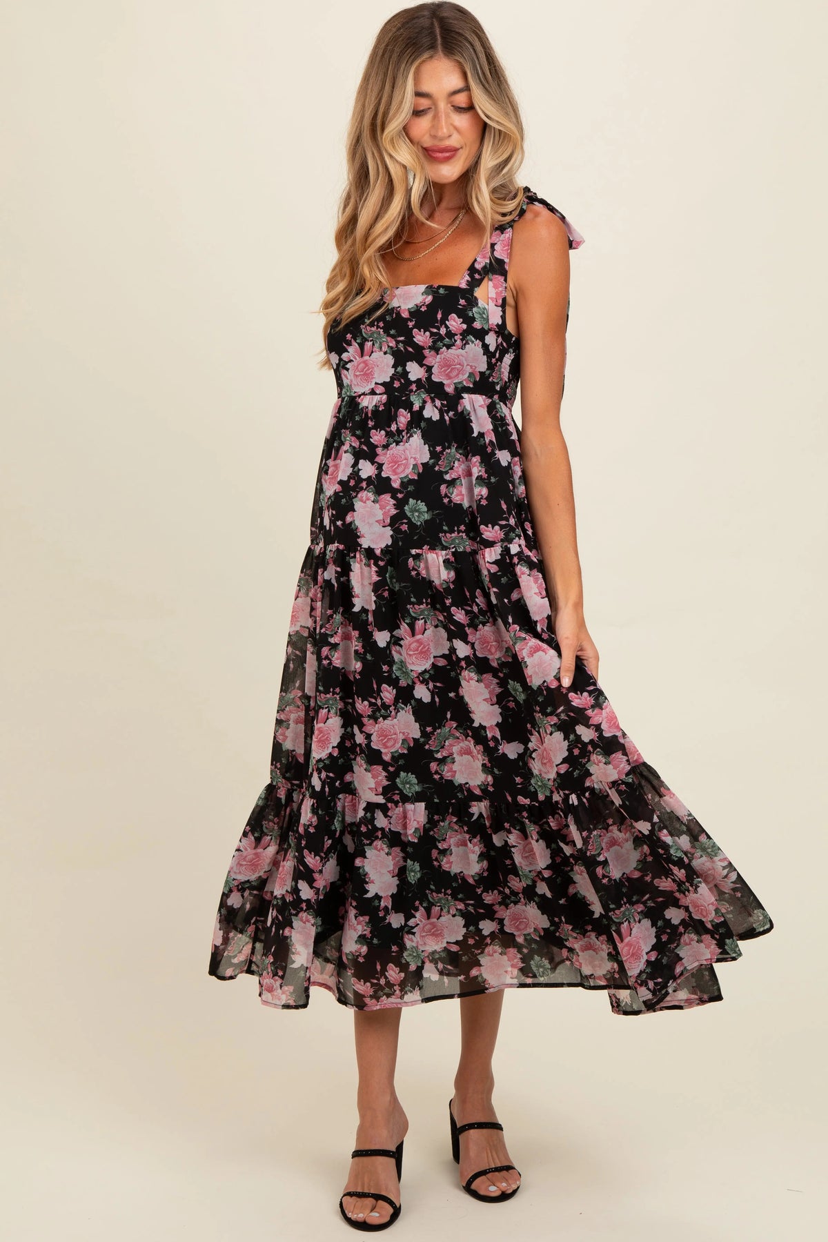 Black Floral Print Tie Strap Maternity Midi Dress - Day Dress, Pink, One-piece garment, Waist, Fashion Model | Everetts Place