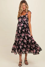 Black Floral Print Tie Strap Maternity Midi Dress - Day Dress, Pink, One-piece garment, Waist, Fashion Model | Everetts Place