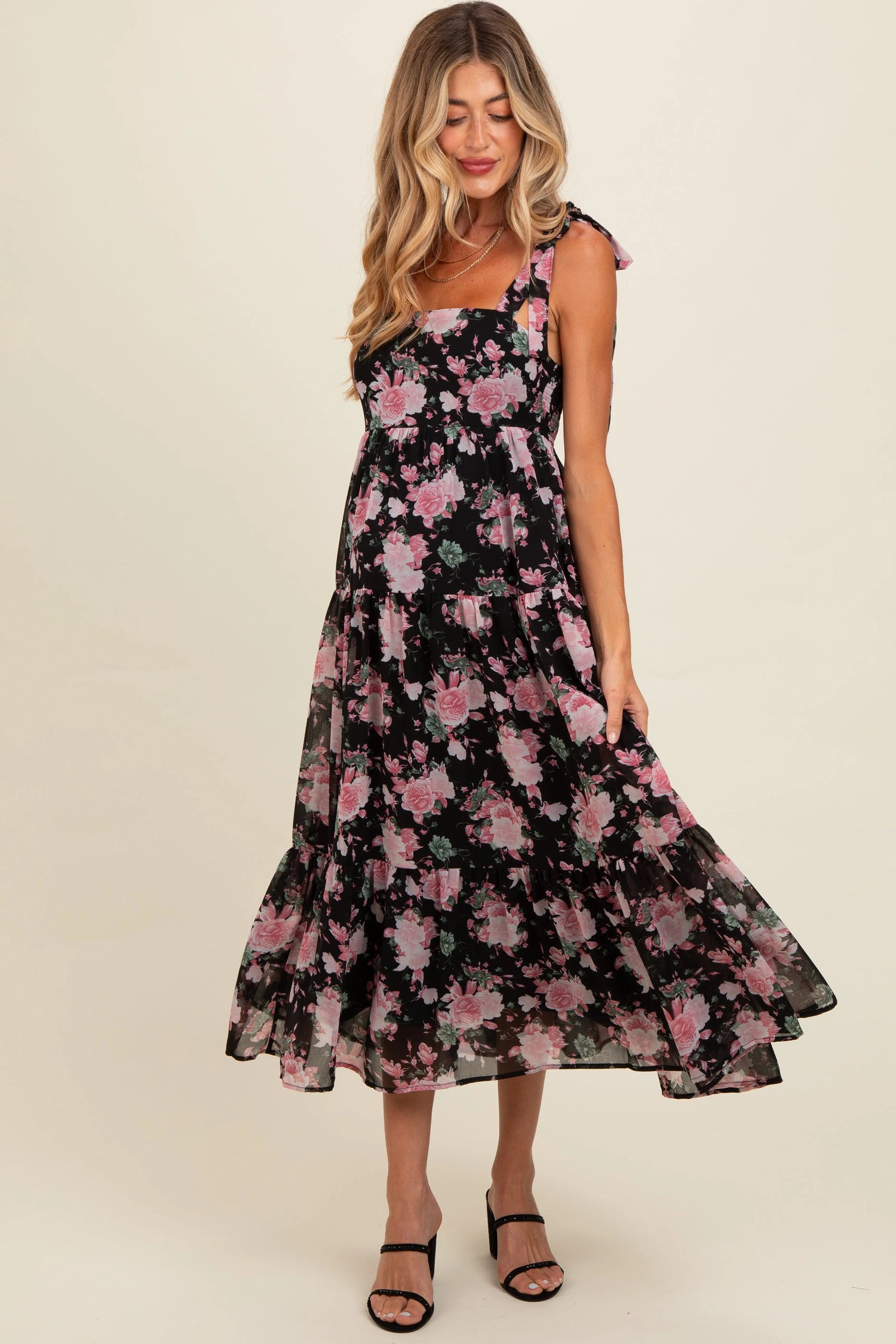 Black Floral Print Tie Strap Maternity Midi Dress - Day Dress, Pink, One-piece garment, Waist, Fashion Model | Everetts Place