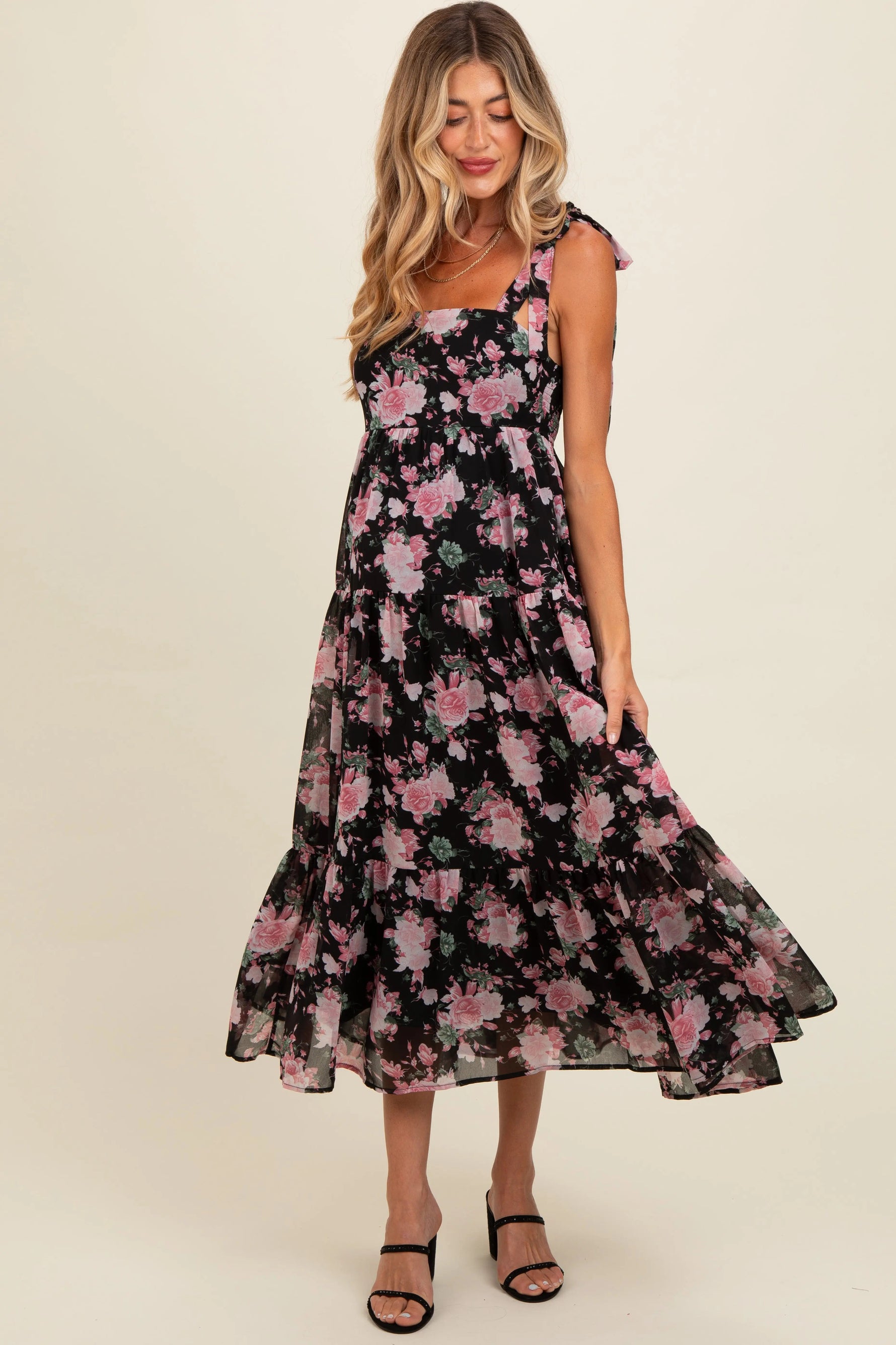 Black Floral Print Tie Strap Maternity Midi Dress - Day Dress, Pink, One-piece garment, Waist, Fashion Model | Everetts Place