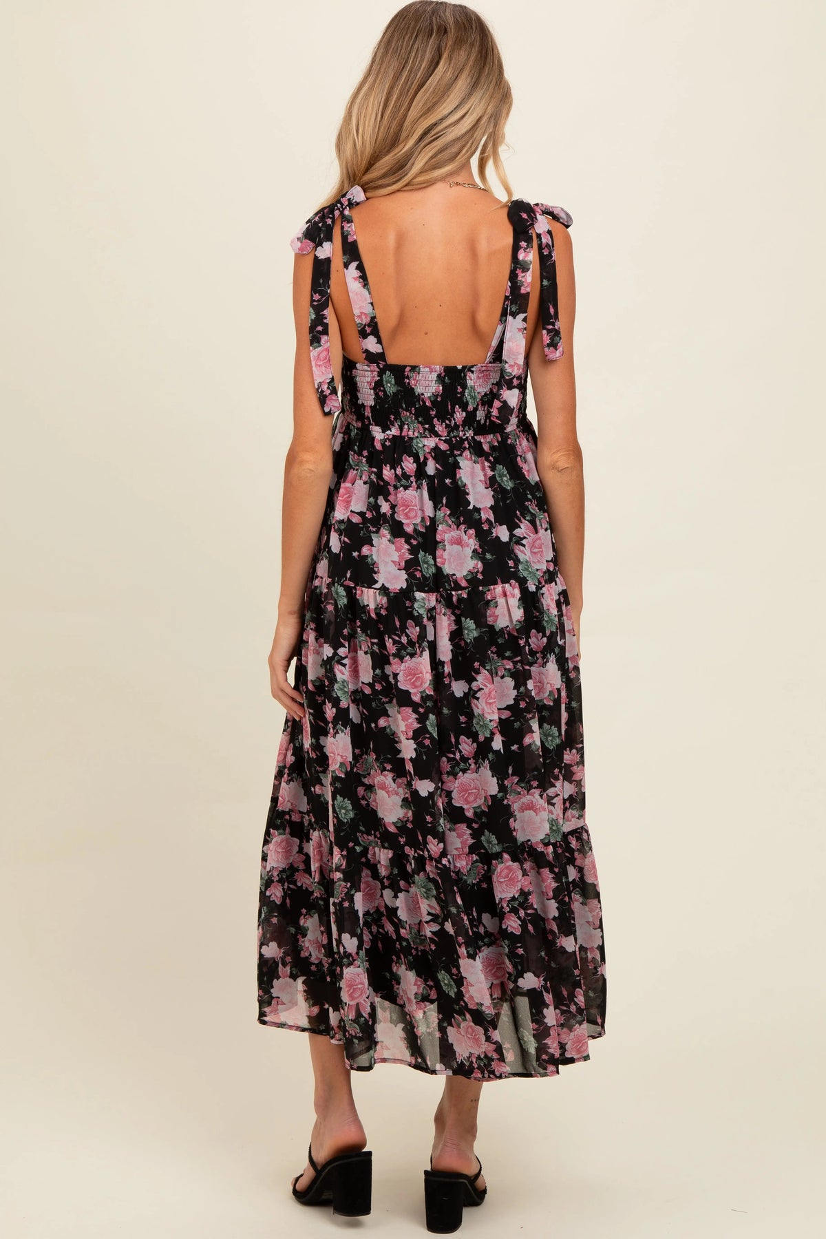PinkBlush Black Floral Print Tie Strap Maternity Midi Dress - 