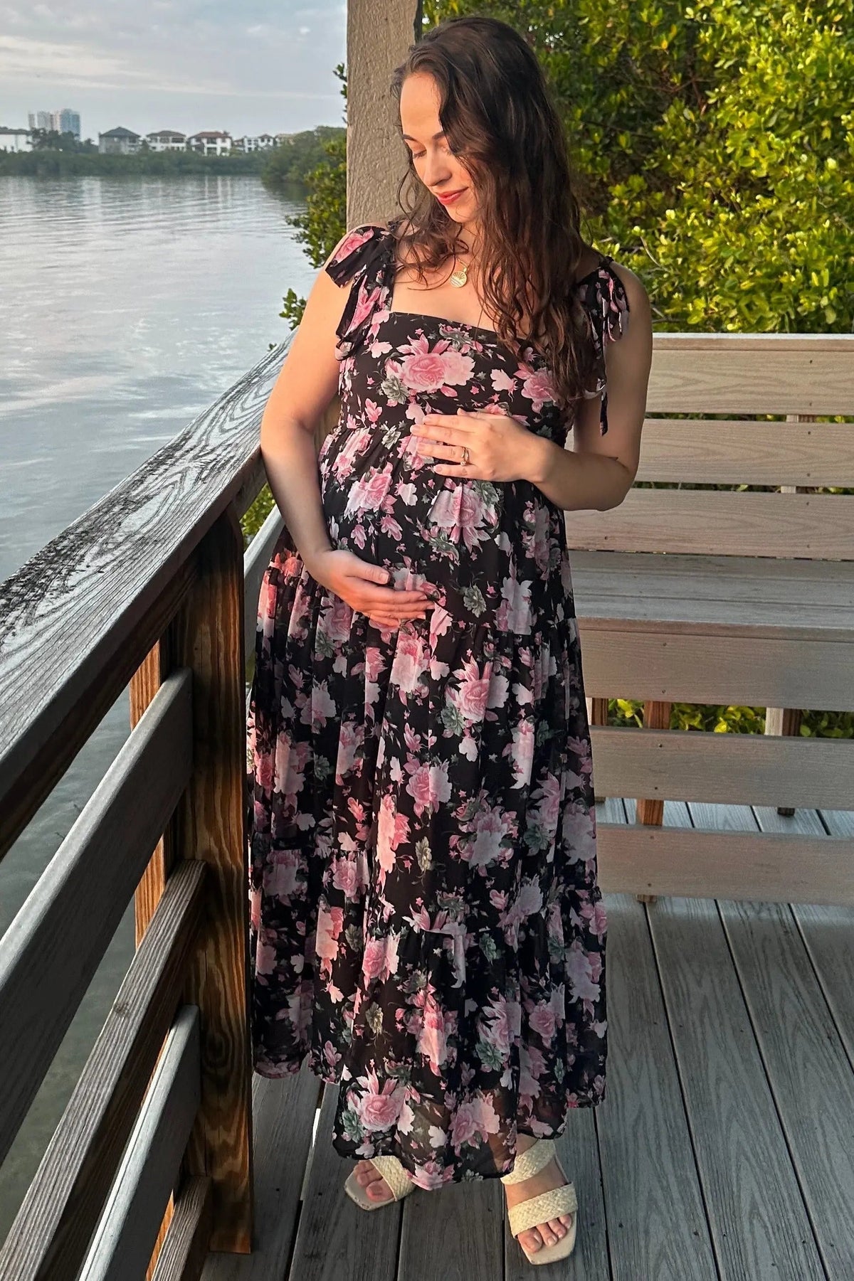 PinkBlush Black Floral Print Tie Strap Maternity Midi Dress - 