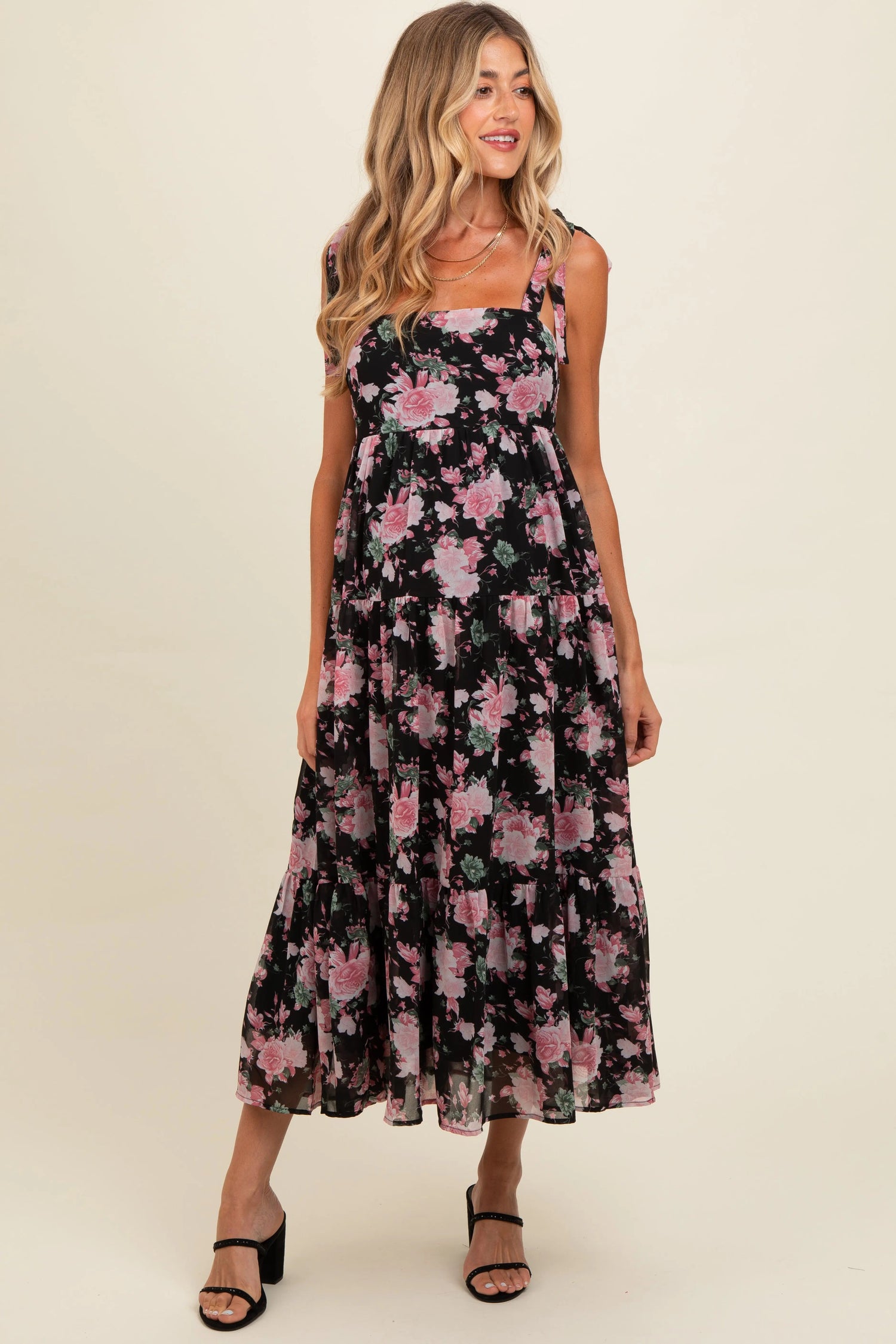 PinkBlush Black Floral Print Tie Strap Maternity Midi Dress - 
