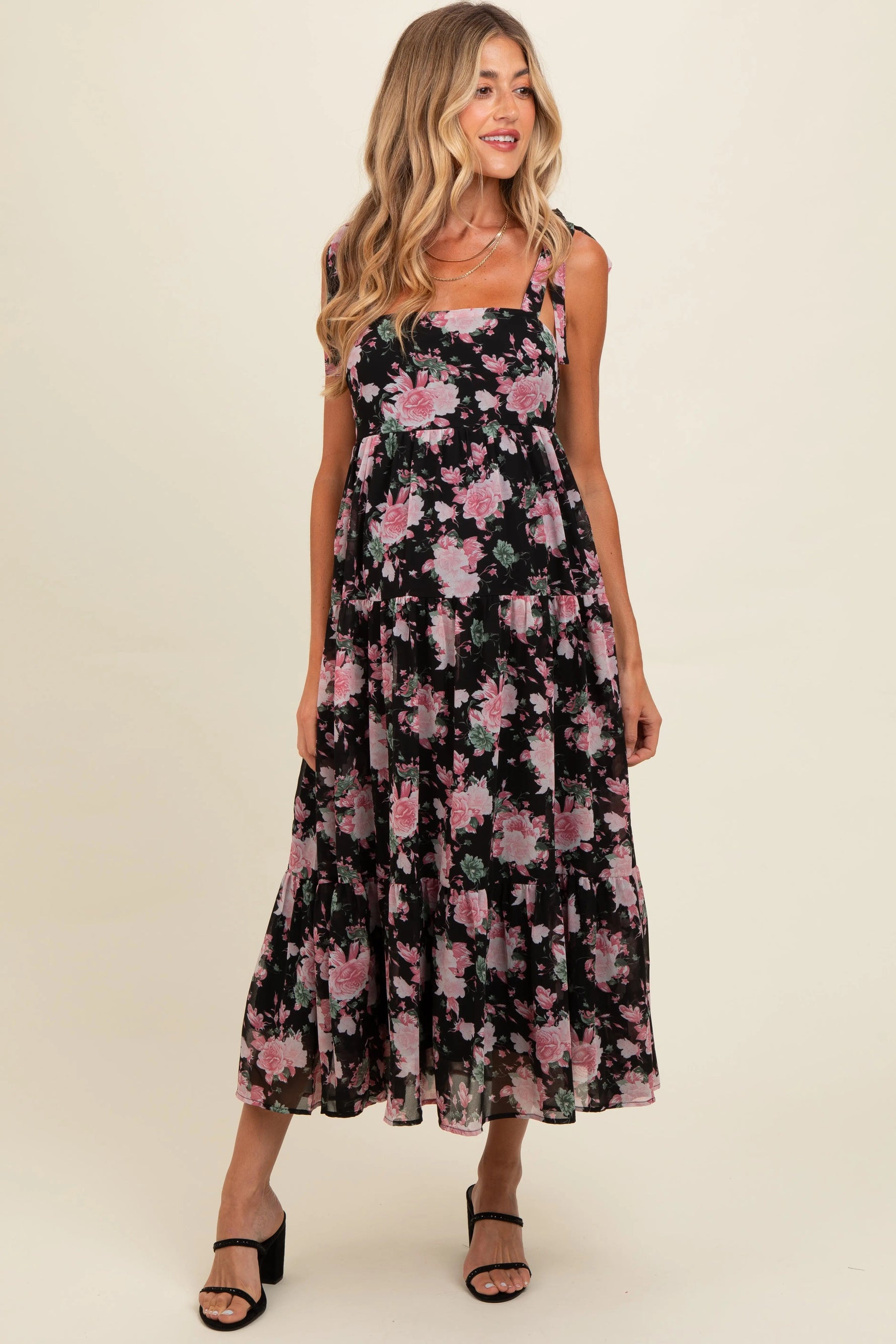 PinkBlush Black Floral Print Tie Strap Maternity Midi Dress - 