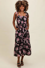 PinkBlush Black Floral Print Tie Strap Maternity Midi Dress - 