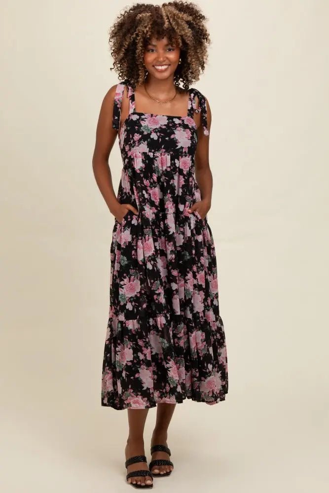 Black Floral Print Tie Strap Midi Dress - One-piece garment, Fashion, Dress, Day Dress, Waist | Everetts Place