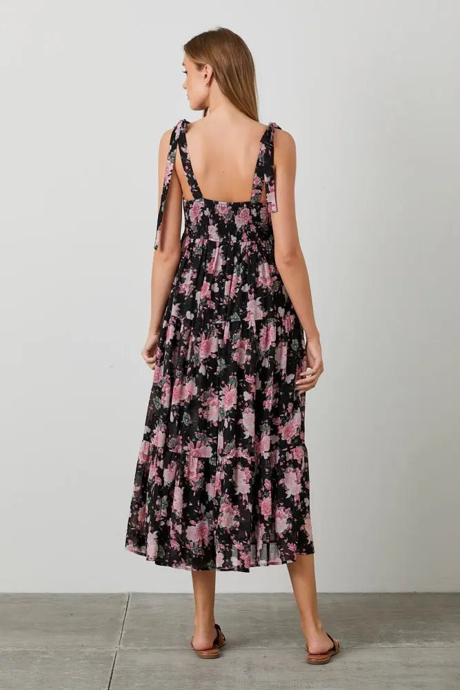 PinkBlush Black Floral Print Tie Strap Midi Dress - 