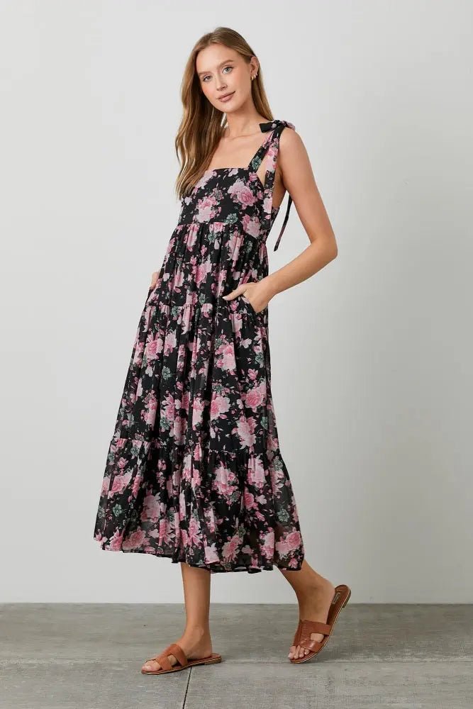 PinkBlush Black Floral Print Tie Strap Midi Dress - 